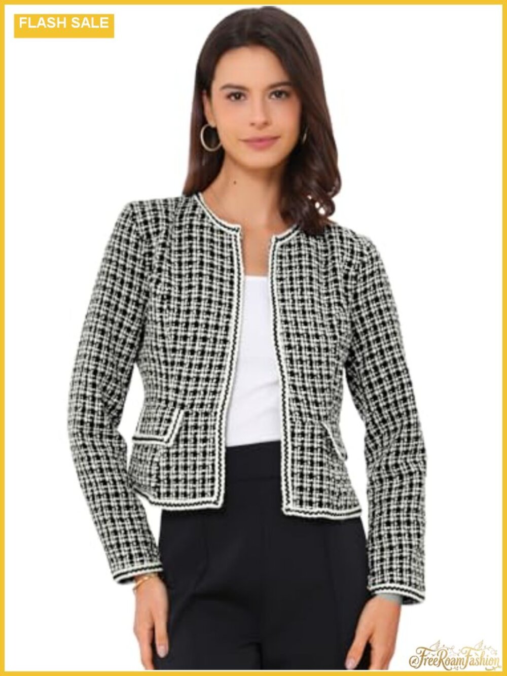 Plaid Tweed Blazer Open Front Collarless Work Office Short Jacket